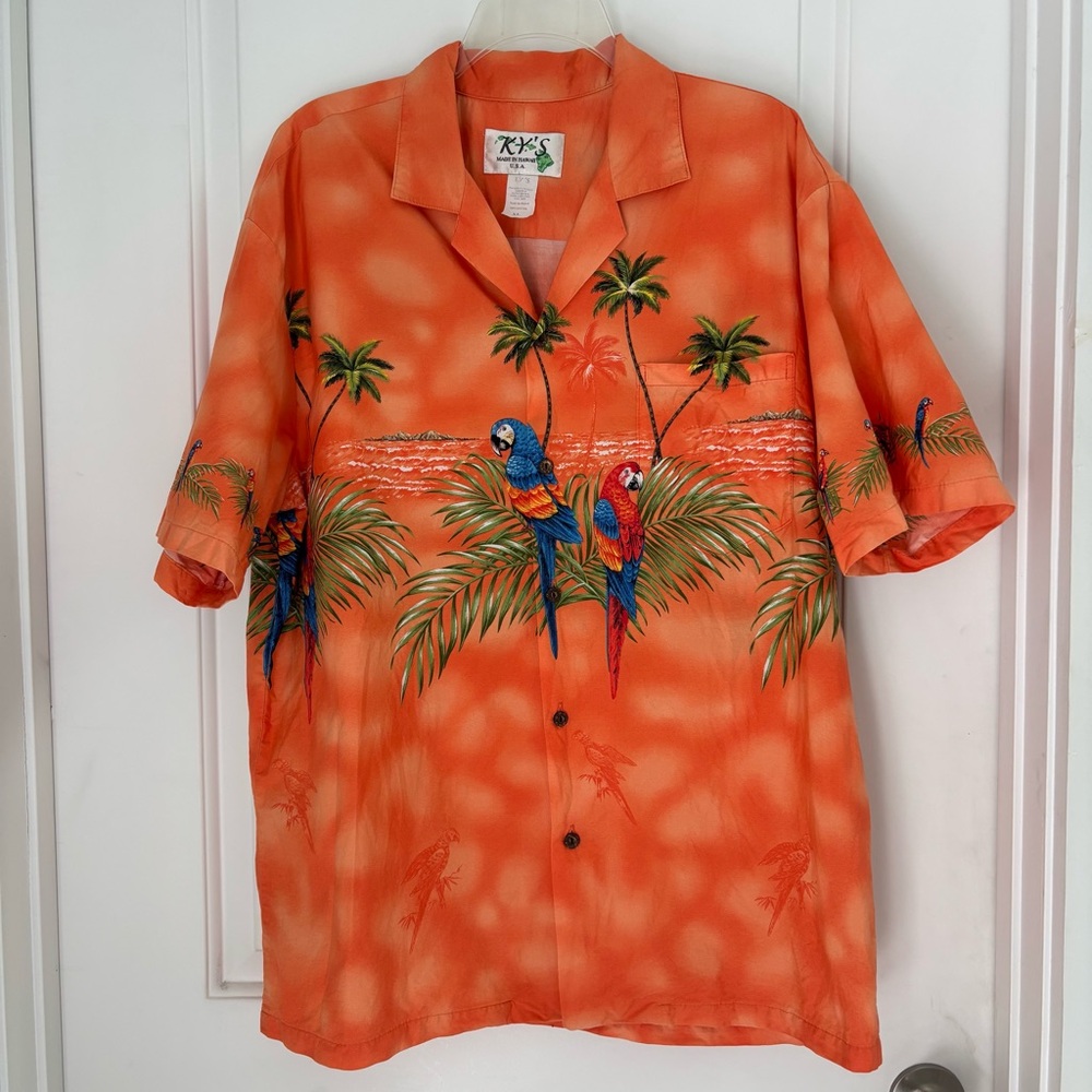 Vintage KY’S Men's Orange Tropical Parrot Casual Button Down Hawaiian Shirt